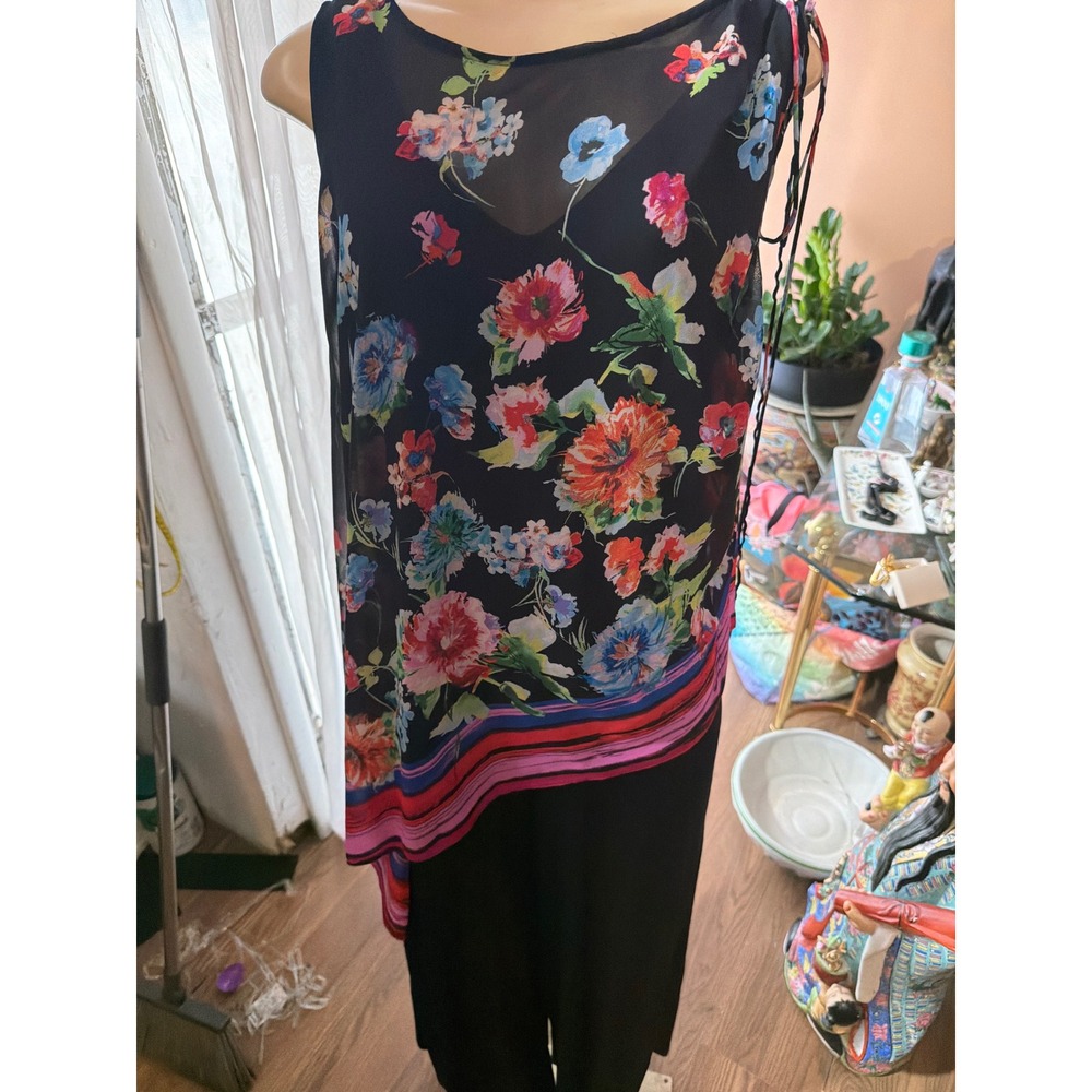 London Style Collection Floral Overlay Jumpsuit Black Multi Sleeveless Size 10